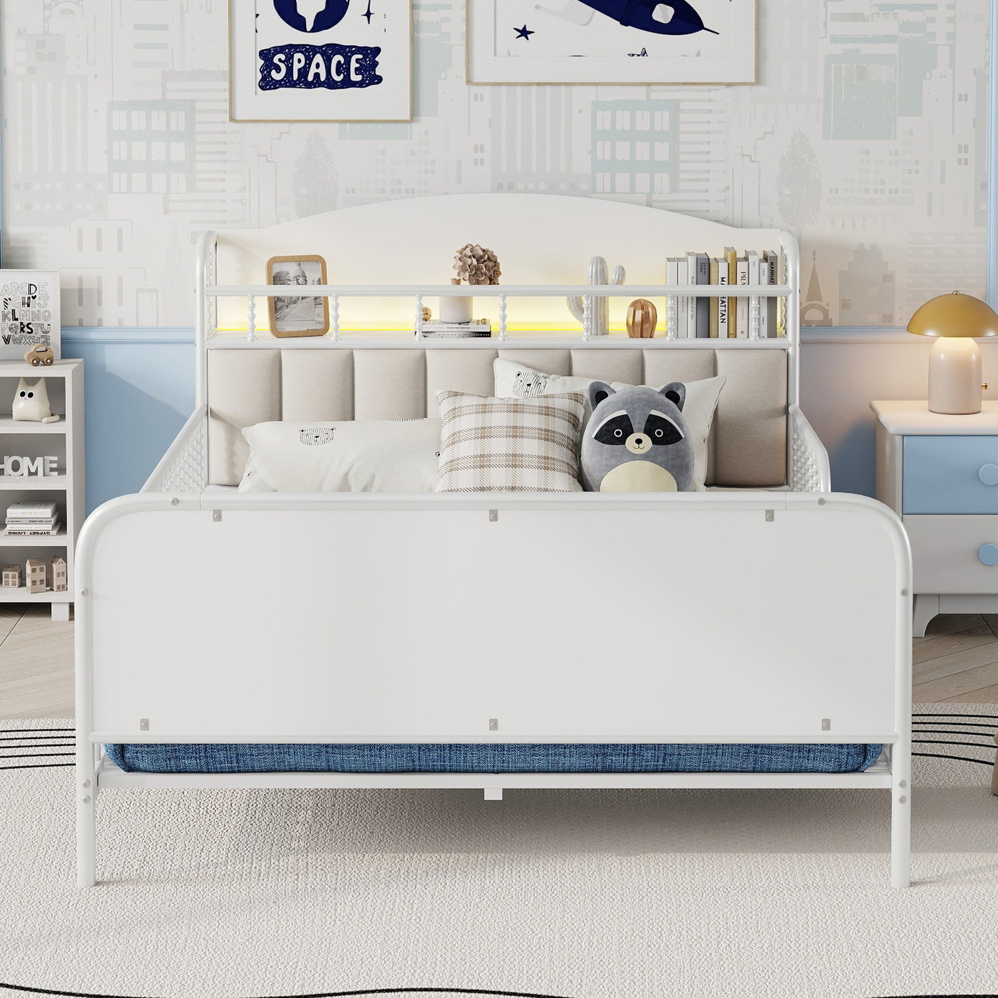 Full Size Metal Platform Bed Frame with Light, Kids Full Metal Bed with Upholstered and Storage Headboard, White (Expect Arrival Date 2025/10/5) image 3