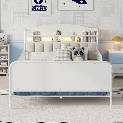 Full Size Metal Platform Bed Frame with Light, Kids Full Metal Bed with Upholstered and Storage Headboard, White (Expect Arrival Date 2025/10/5) image 3