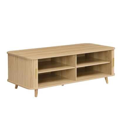 Modern Mid-Century Coffee Table with Storage: Natural Wood Finish, 4 Open Shelves & 2 Doors, For Living Room, Entertainment Center, Home Theater image 6