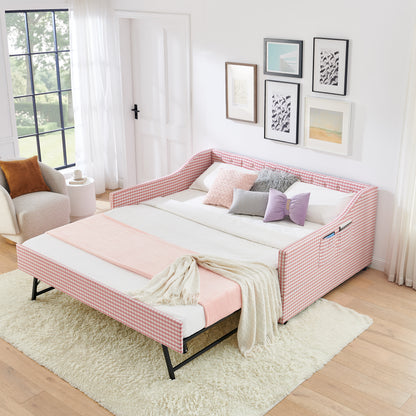 Full‑Size Daybed,Upholstered Convertible Daybed with Tufted Button Backrest, 3‑in‑1 Versatile Sofa Bed with Pull‑Out Trundle & Side Storage, Perfect for Compact Living-Pink image 2