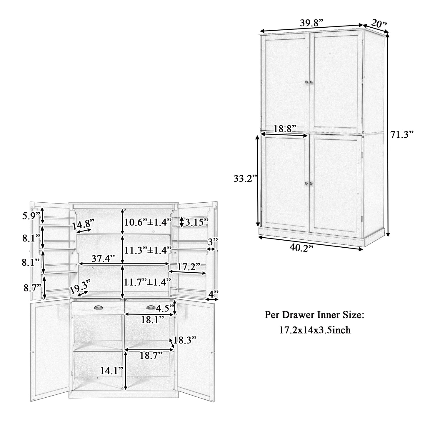 [Assembly Video Provided]TOPMAX 40.2x20x71.3inch High Freestanding Kitchen Pantry Large Cupboard Storage Cabinet with 2 Drawers, 2 Adjustable Shelves, 8 Door Shelves for Kitchen, Dining Room,White image 8