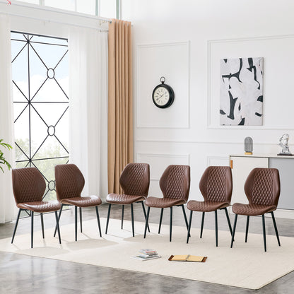Set of 4 modern light luxury brown diamond-quilted PU chairs with black metal legs. Suitable as upholstered dining chairs with backrests for dining rooms, adaptable to a wide range of scenarios. image 2