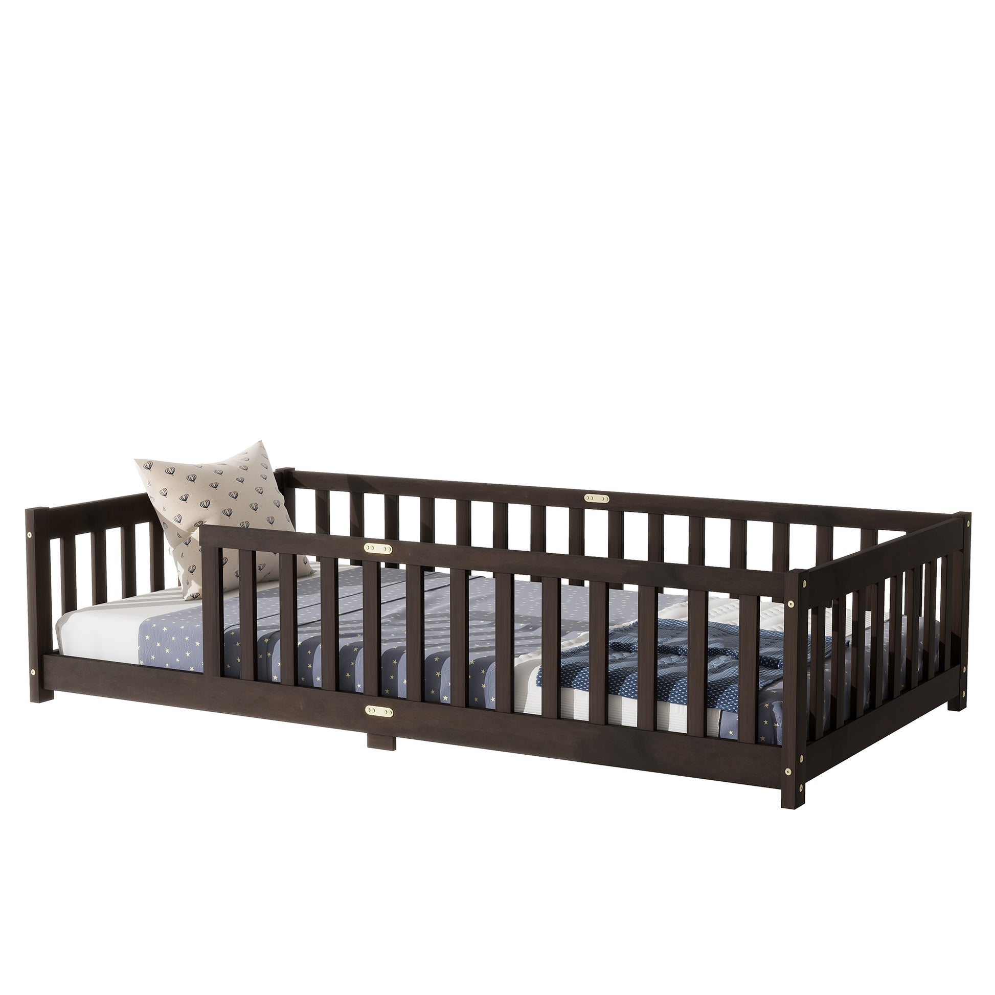 Twin Size Floor Bed with Fence without Door, Rubber Wood Floor Bed with Safety Guardrails,Espresso (Old Sku W504P286398) image 8