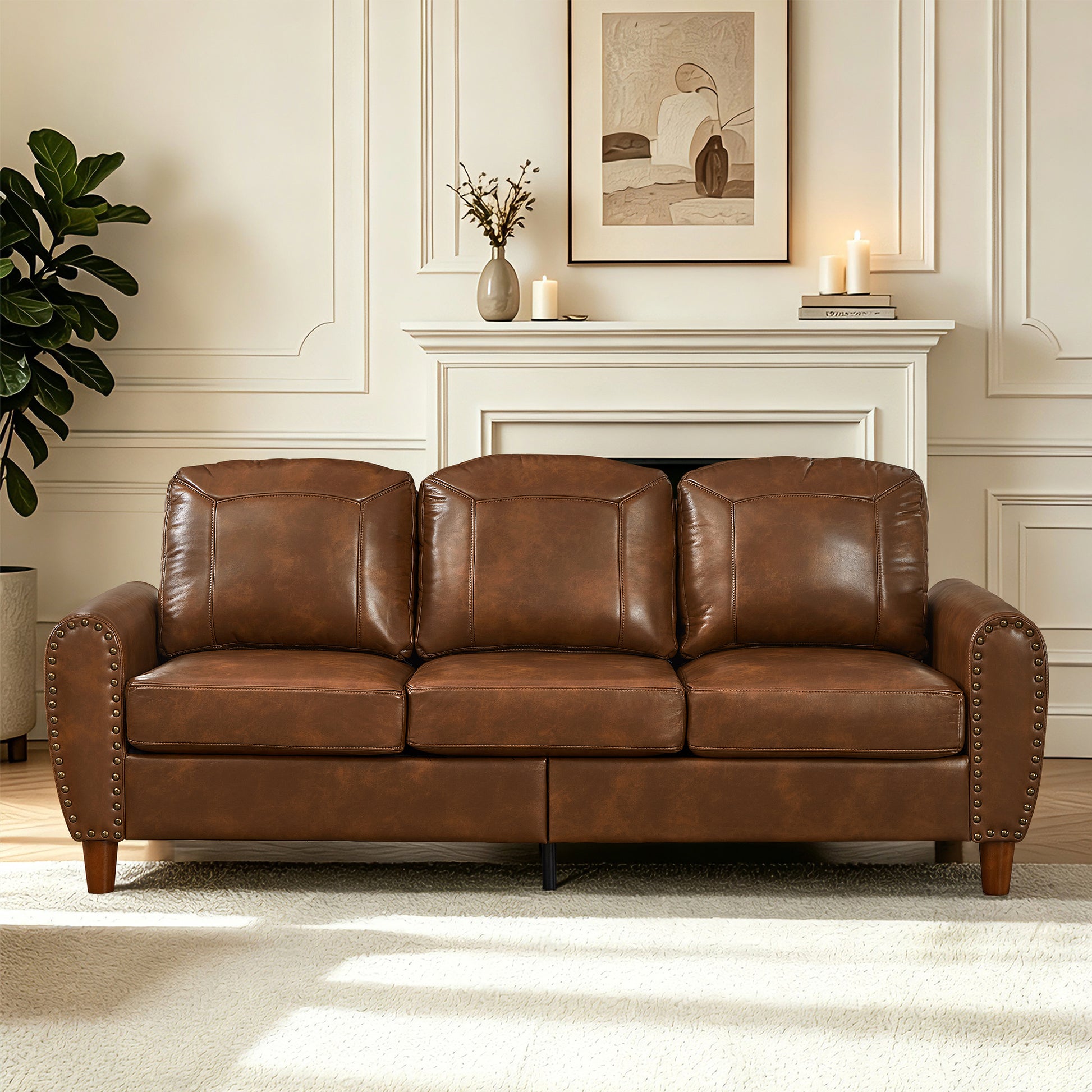 81.5" Classic Living Room Sofa Faux Leather Couch,Rolled Arm Sofa with Nails,Solid Wood Legs,Upholstered Breathable PU Leather Brown. image 1