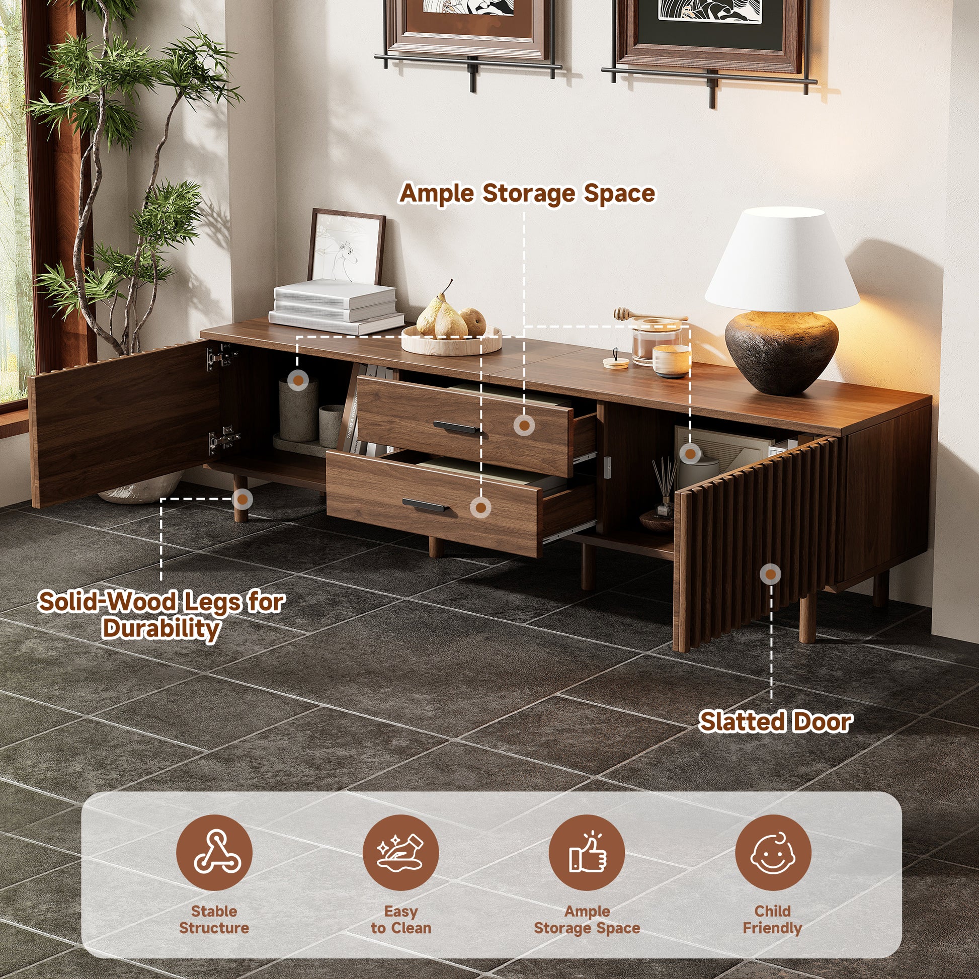 70inch Modern TV Stand for TVs up to 80 inches for Living Room, Media Entertainment Center with Ample Storage & Solid-Wood Legs image 5