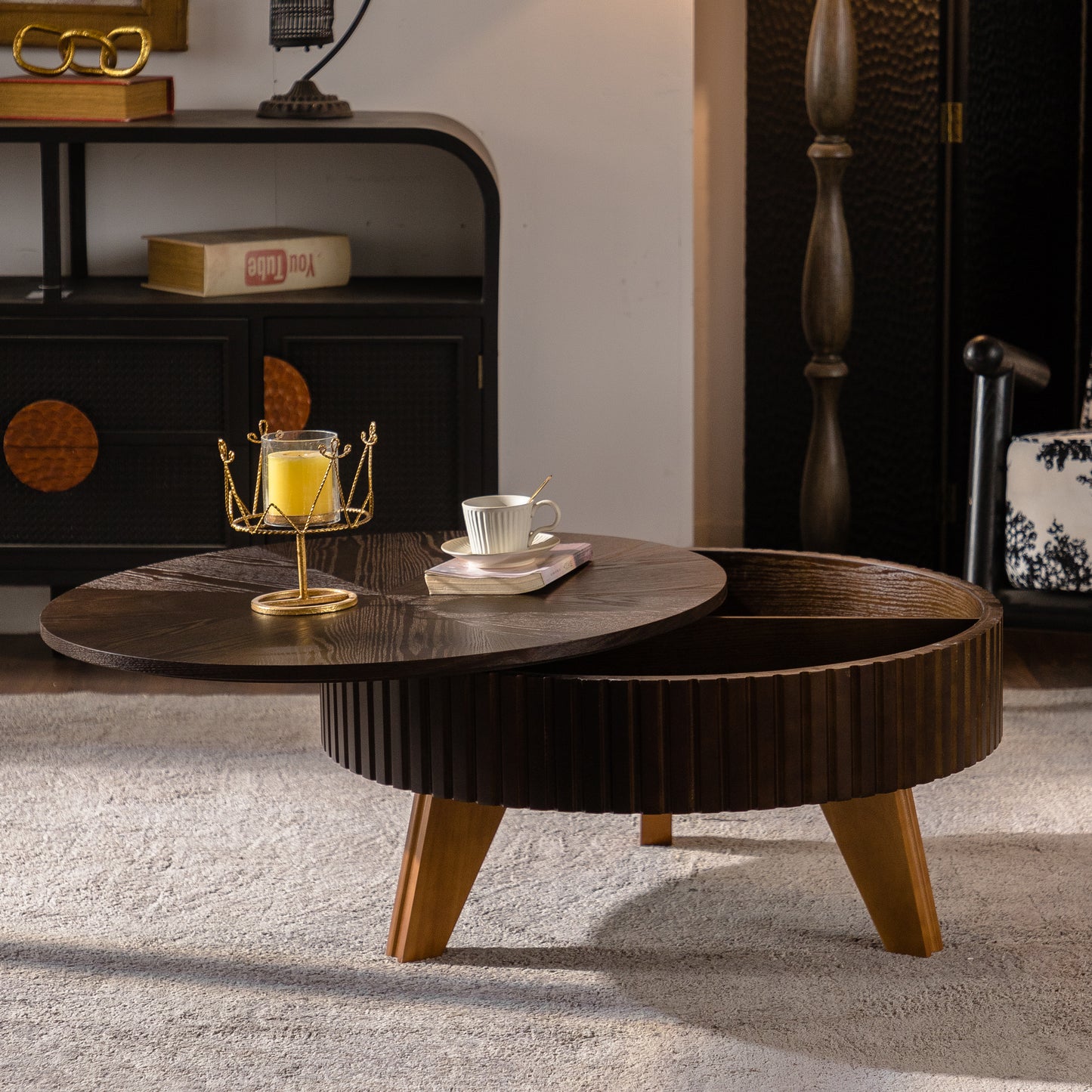 31.5" Retro Round Coffee Table with Storage Space, Suitable for Living Room and Office, Brown image 2