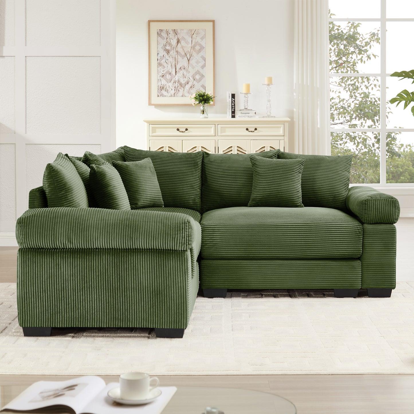 Oversized Cloud Modular Sectional Couch,Convertible Sectional Couches Deep Seat Extra-Wide Armrests, 10 Throw Pillows Premium Corduroy Fabric, Ergonomic Design,Easy Assembly, For Living Rooms,Green image 3