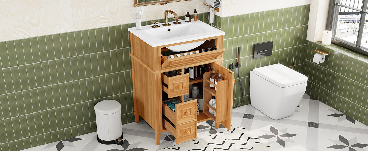 24" Bathroom Vanity with Sink, Wood Vanity Cabinet with Flip-Out Drawer, 2 Soft-Close Drawers, 1 Soft-Close Door, Solid Wood & MDF, Elegant Wood Handles image 4