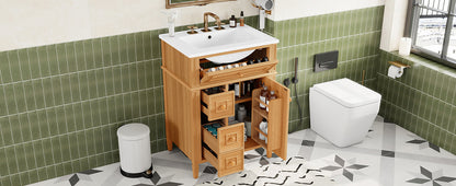 24" Bathroom Vanity with Sink, Wood Vanity Cabinet with Flip-Out Drawer, 2 Soft-Close Drawers, 1 Soft-Close Door, Solid Wood & MDF, Elegant Wood Handles image 4