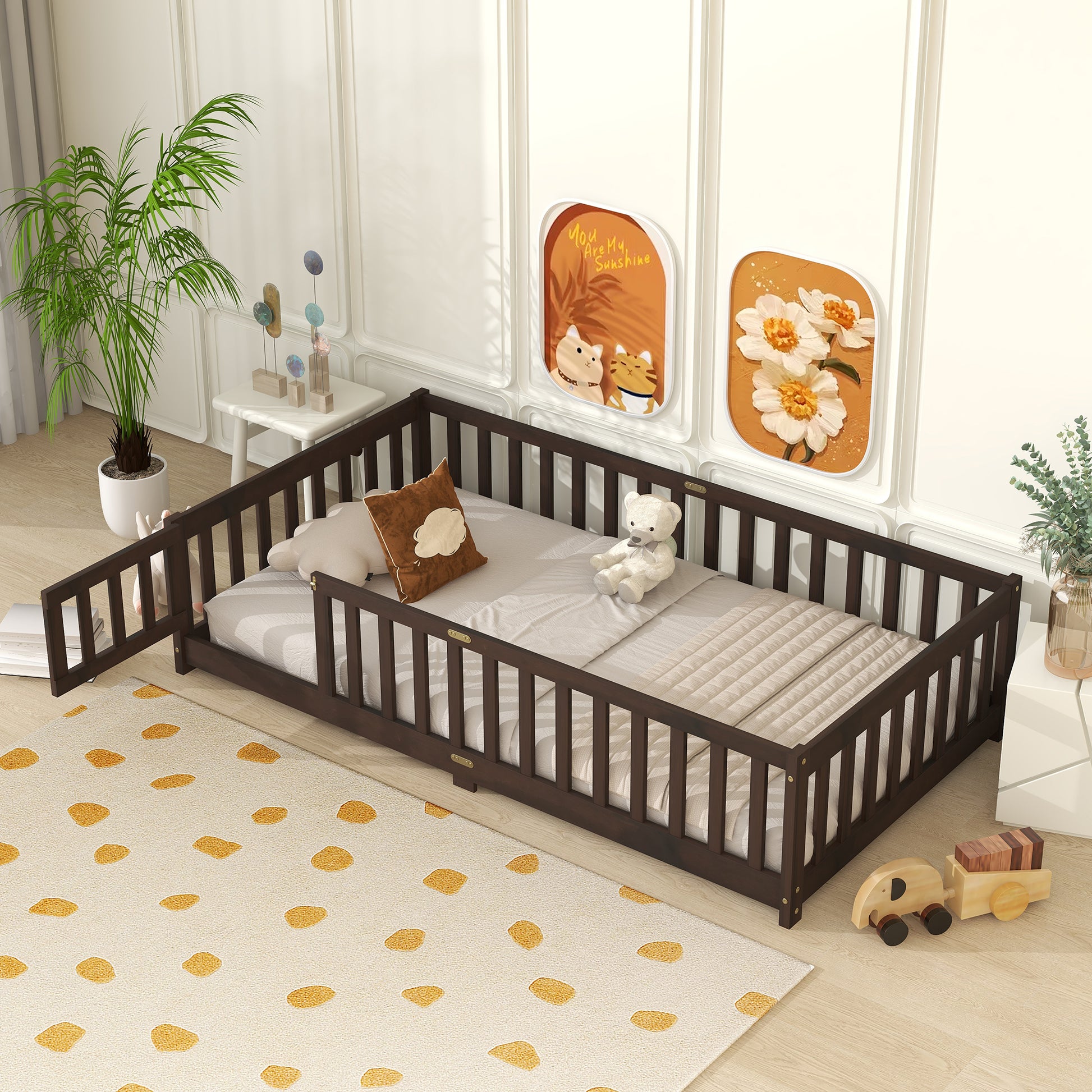Twin Size Floor Bed with Fence and Door,Rubber Wood Floor Bed with Safety Guardrails,Espresso (Old Sku W504P286375) image 1