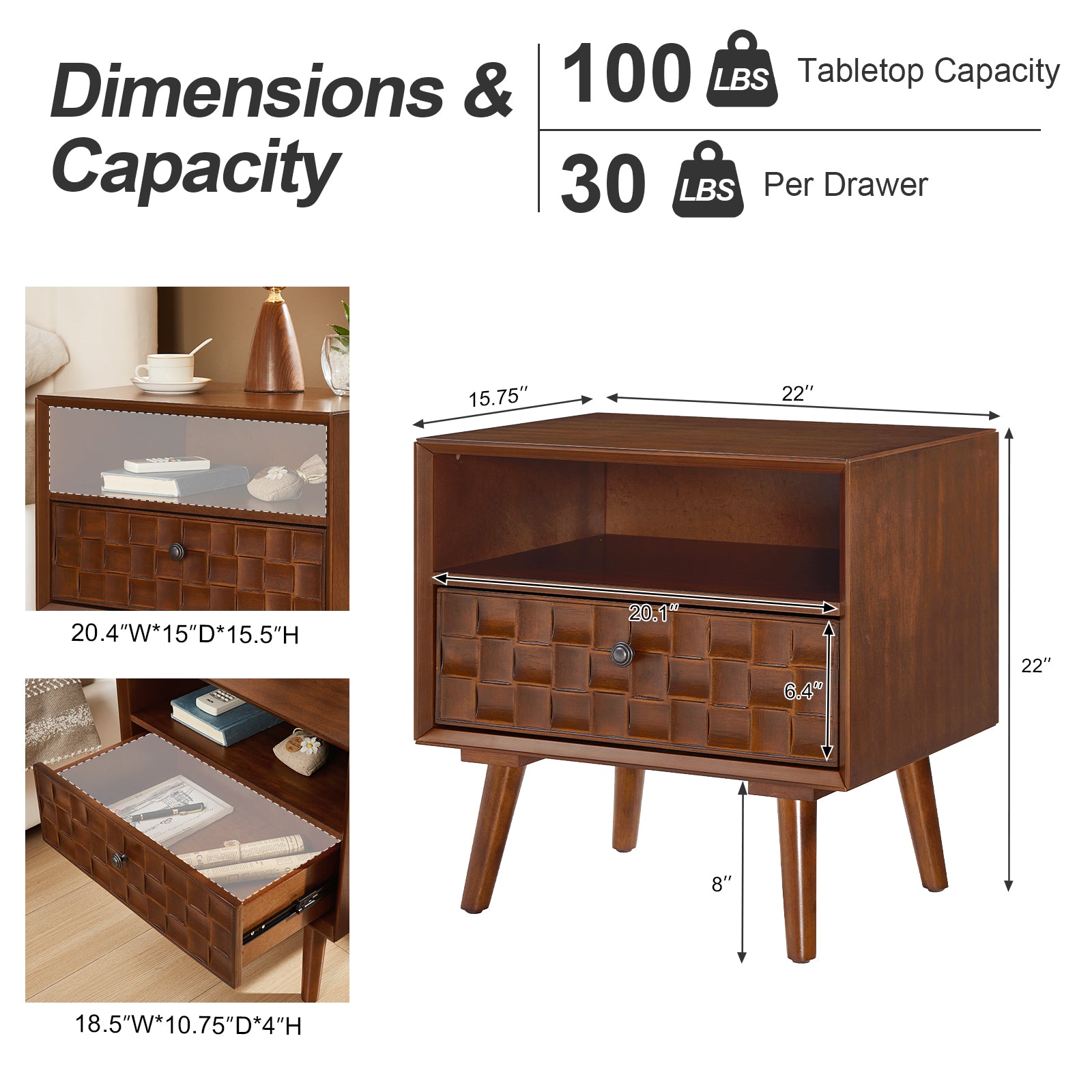22" Mid-Century Modern Wood Nightstand with Carved Geometric Drawer Front, 1 Drawer and Open Shelf, Solid Wood Legs, Bedside Table for Bedroom image 11