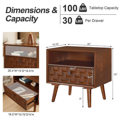 22" Mid-Century Modern Wood Nightstand with Carved Geometric Drawer Front, 1 Drawer and Open Shelf, Solid Wood Legs, Bedside Table for Bedroom image 11