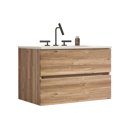 Gloria 30" Wall Mounted Rough Oak&Rough Oak Bathroom Vanity with Integrated Ceramic Sink with Overflow, with 3 holes, Large Storage Floating Bathroom Vanity for Modern Bathroom, KD image 9