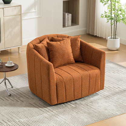 39"W Upholstered Oversized 360° Swivel Accent Barrel Chair and Half Cozy Sofa with 3 Pillows, Chenille Channel Tufted Pumpkin-Shape Club Armchair for Living Room, Bedroom, Office, Lounge,Orange image 3