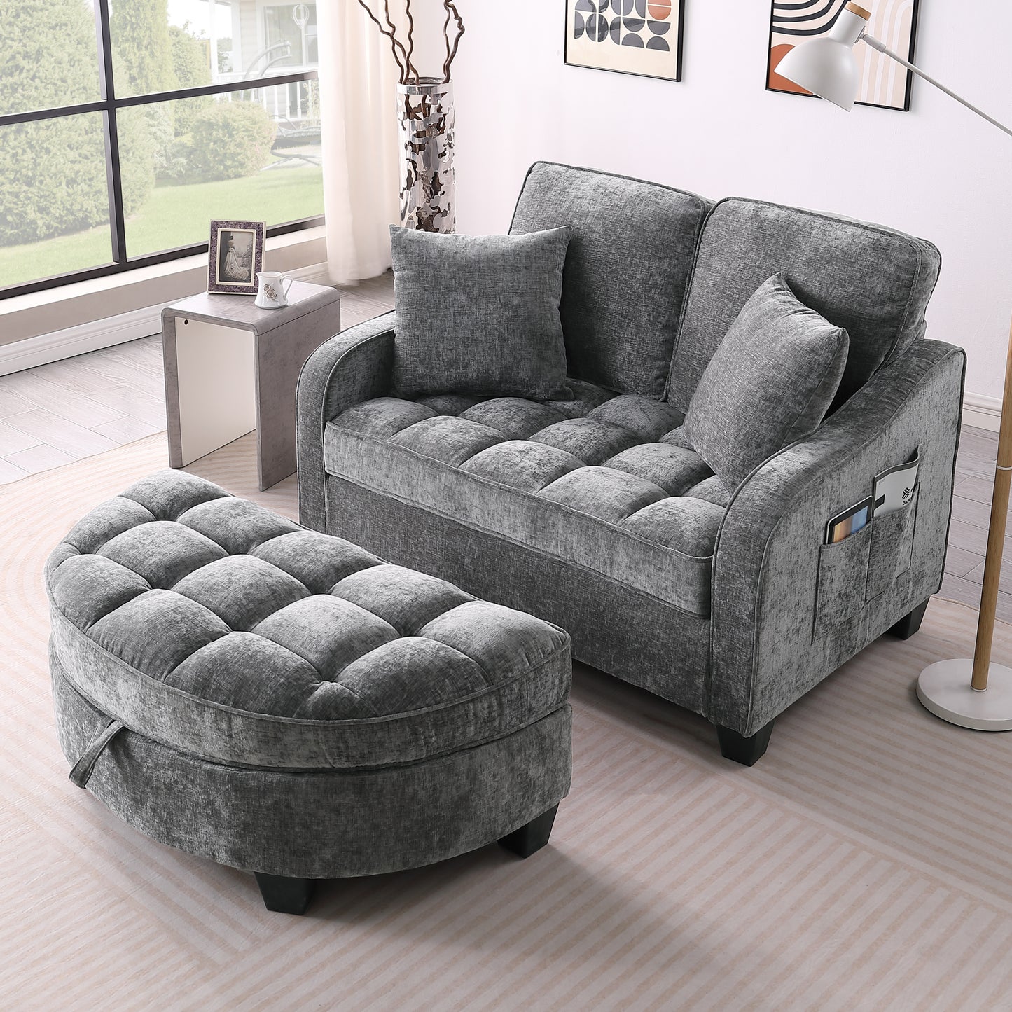 Two-seater sofa, double sofa chaise longue, with irregular armrests and backrests, footrest with storage space, comes with two small throw pillows, suitable for living room and bedroom - Grey image 3