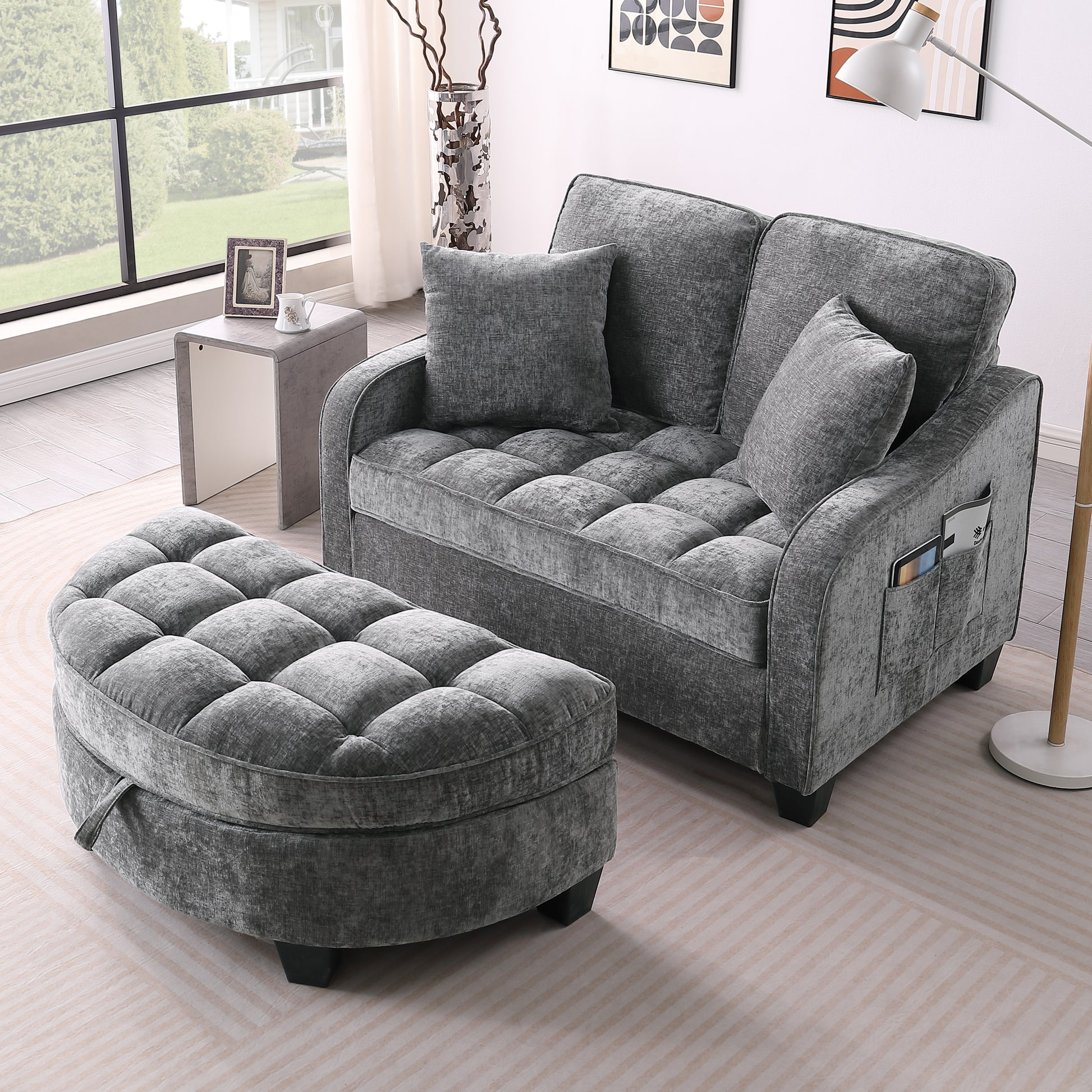 Two-seater sofa, double sofa chaise longue, with irregular armrests and backrests, footrest with storage space, comes with two small throw pillows, suitable for living room and bedroom - Grey image 3