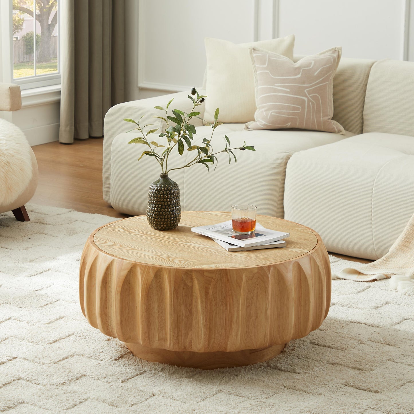 Round Solid Wood Carved Coffee Table with Elegant Sculptural Design image 3