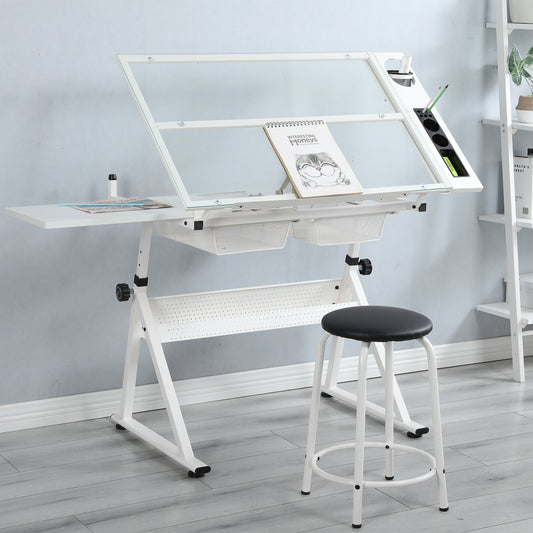 WHITE adjustable tempered glass drafting printing table with chair image 1