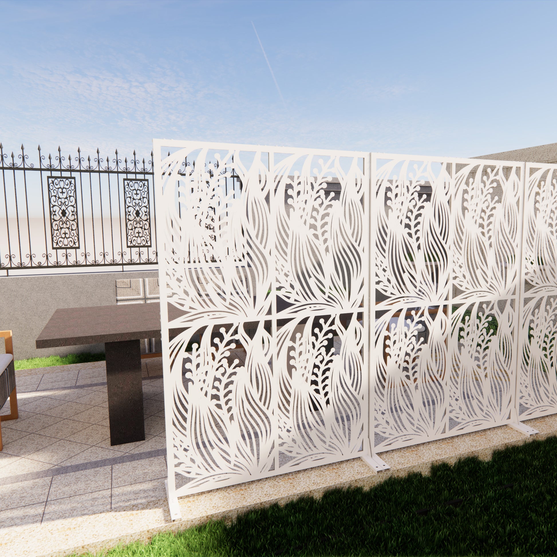 Metal Privacy Screens W3.8Ft X H6Ft Outdoor and Indoor Divider with Free Standing Decorative Privacy Screen for Balcony Patio Garden Room Divider, White Leaf Shape image 3