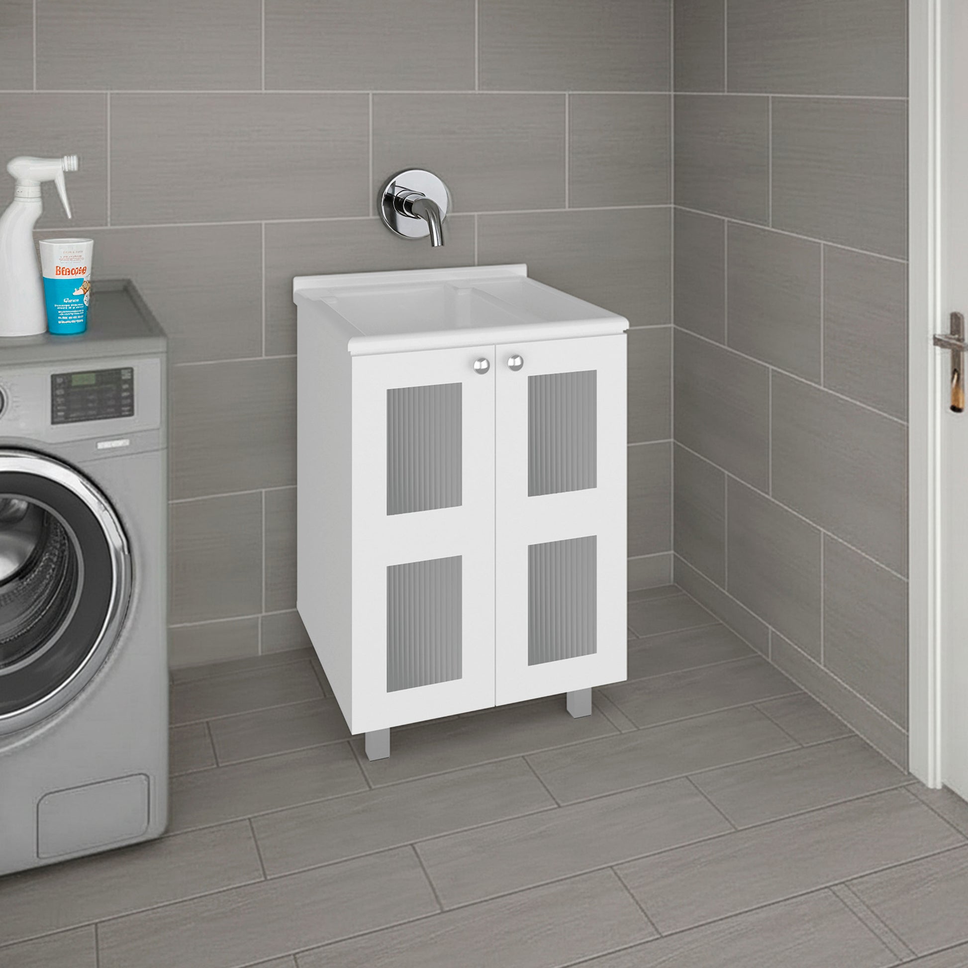 Haysi Utility Tub Cabinet with 2 frosted glass Doors, Resin Sink and 2 Interior Shelves Cabinet, Compact Vintage and Modern Bathroom Vanity image 1