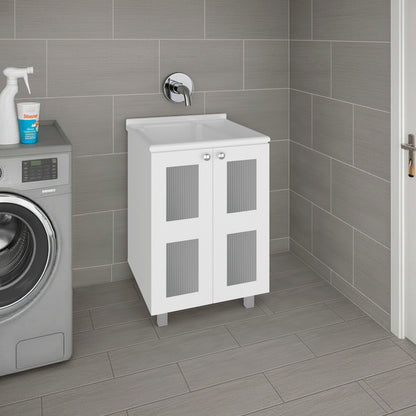 Haysi Utility Tub Cabinet with 2 frosted glass Doors, Resin Sink and 2 Interior Shelves Cabinet, Compact Vintage and Modern Bathroom Vanity image 1