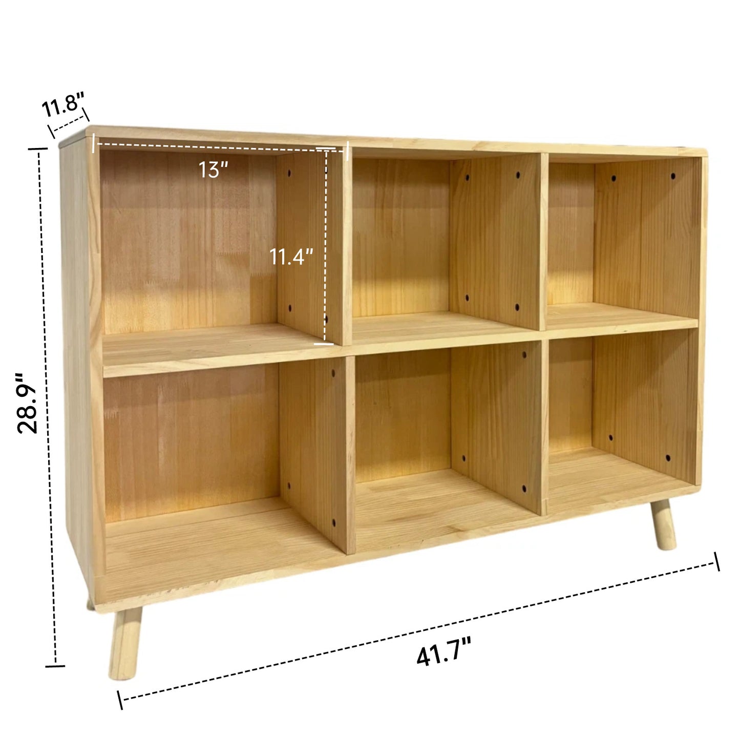 6 Cube Wooden Storage Shelf, Freestanding Open Bookcase with Legs, Natural Solid Wood Cubby Organizer for Living Room, Bedroom, Office, Entryway image 2
