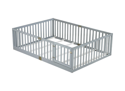 Full Size Floor Bed with High Fence Railings, with Door,6 Slats Included, Rubber Wood Floor Bed with Safety Guardrails,Grey image 11