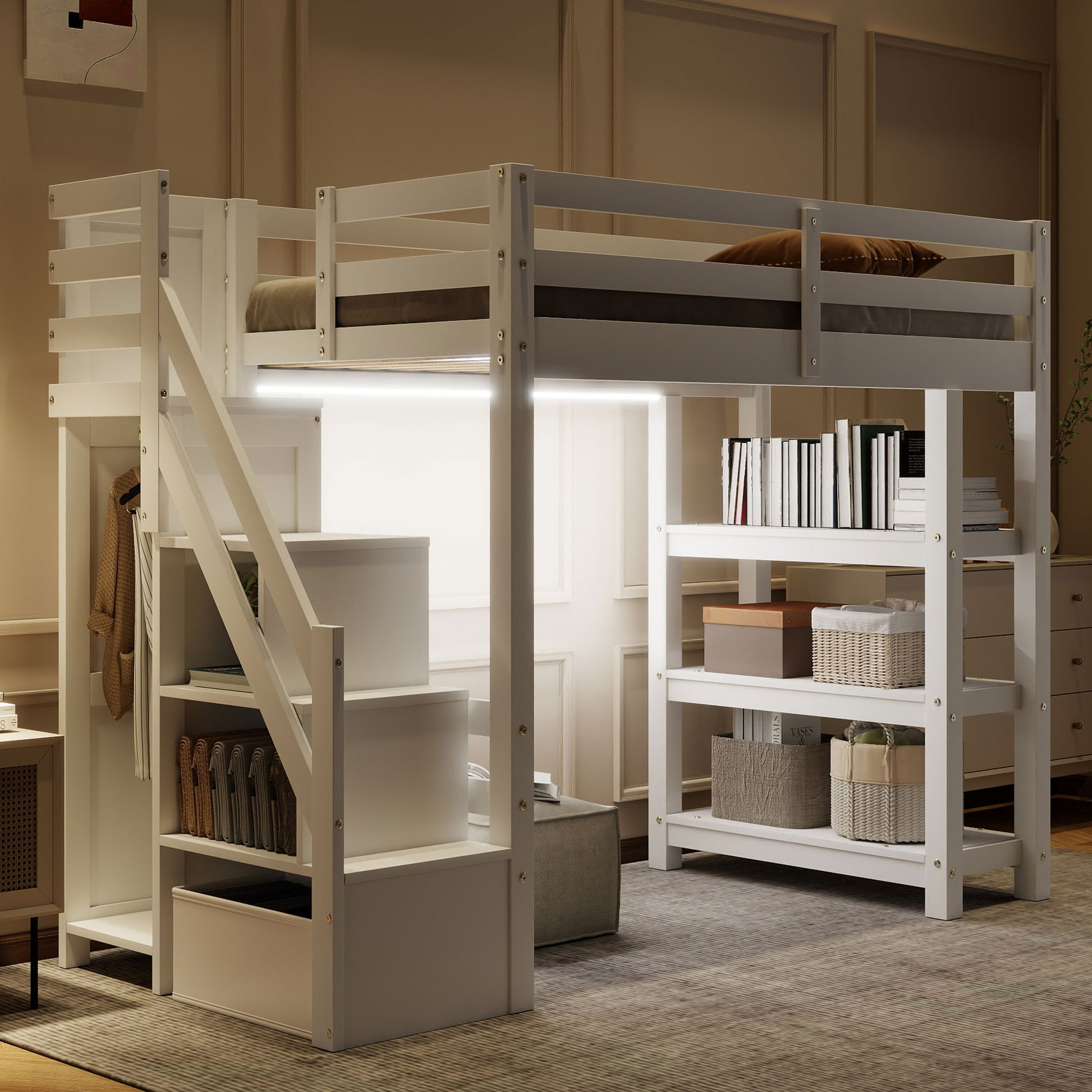 Twin Size Loft Bed with Shelves, Storage Staircase, Small Wardrobe and White LED Light, White image 1