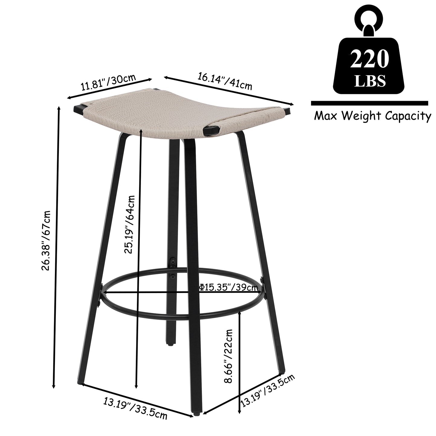 Counter Height Bar Stools Backless Handwoven Kitchen Dining Chairs with Round Footrest Set of 2 PVC Weaving Pub Stool for Indoor & Outdoor (Black & Creamy White) image 4
