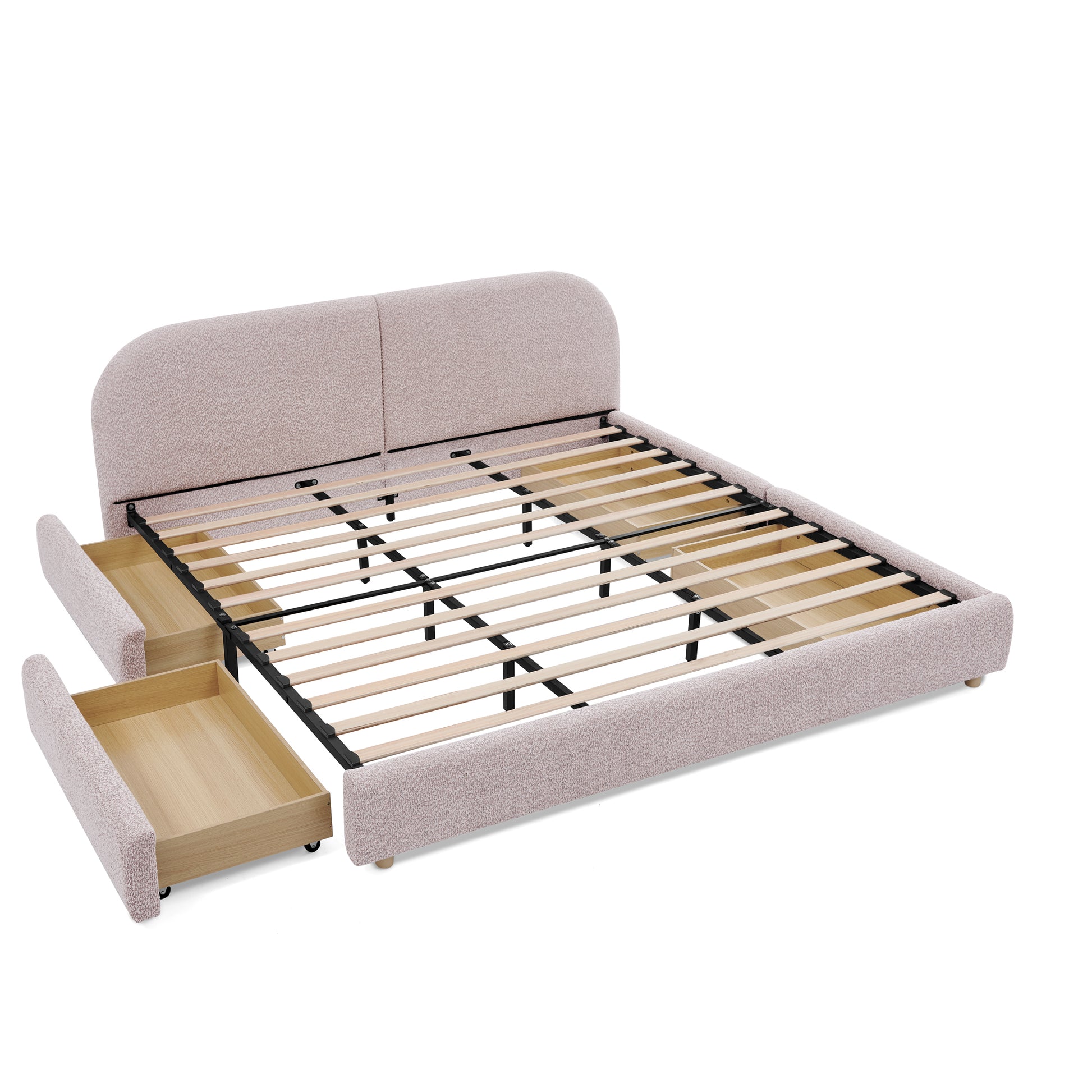 King Size Upholstered Bed Frame Modern Minimalist Style - Circle Yarn Fabric, Tall Curved Headboard, Sturdy Leg Support & Wheeled Drawer Storage, Mattress Not Included - Pink image 8