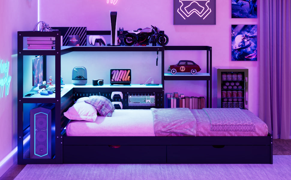 Twin Size Gaming Daybed with Integrated Desk and LED Light, Modern Wooden Bed Frame with 3 Storage Drawers and Built-in Charging Station, Multi-Functional Headboard Bookcase, Black+Blue image 12