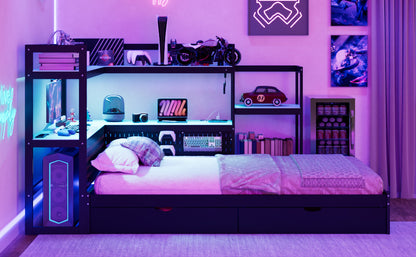 Twin Size Gaming Daybed with Integrated Desk and LED Light, Modern Wooden Bed Frame with 3 Storage Drawers and Built-in Charging Station, Multi-Functional Headboard Bookcase, Black+Blue image 12