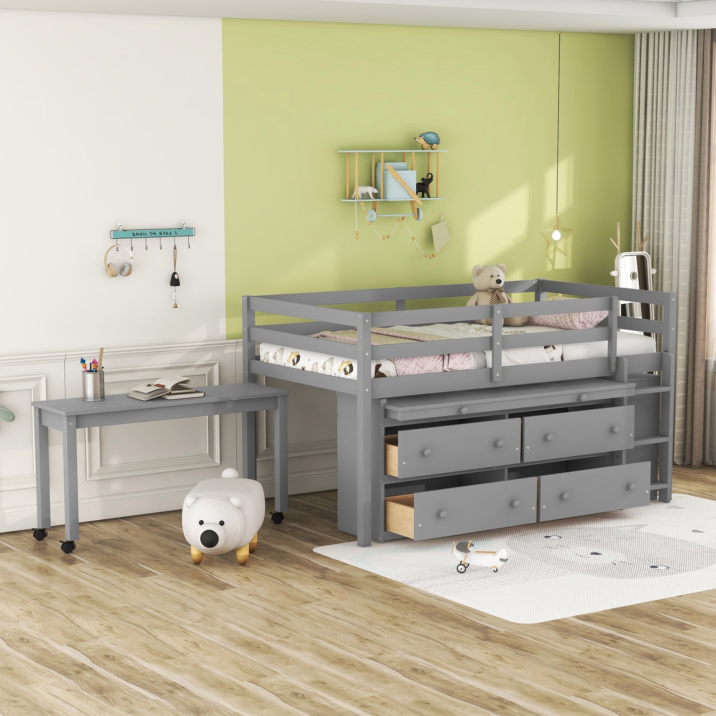 Twin Size Loft Bed with Retractable Writing Desk and 4 Drawers, Wooden Loft Bed with Lateral Portable Desk and Shelves, Gray image 1