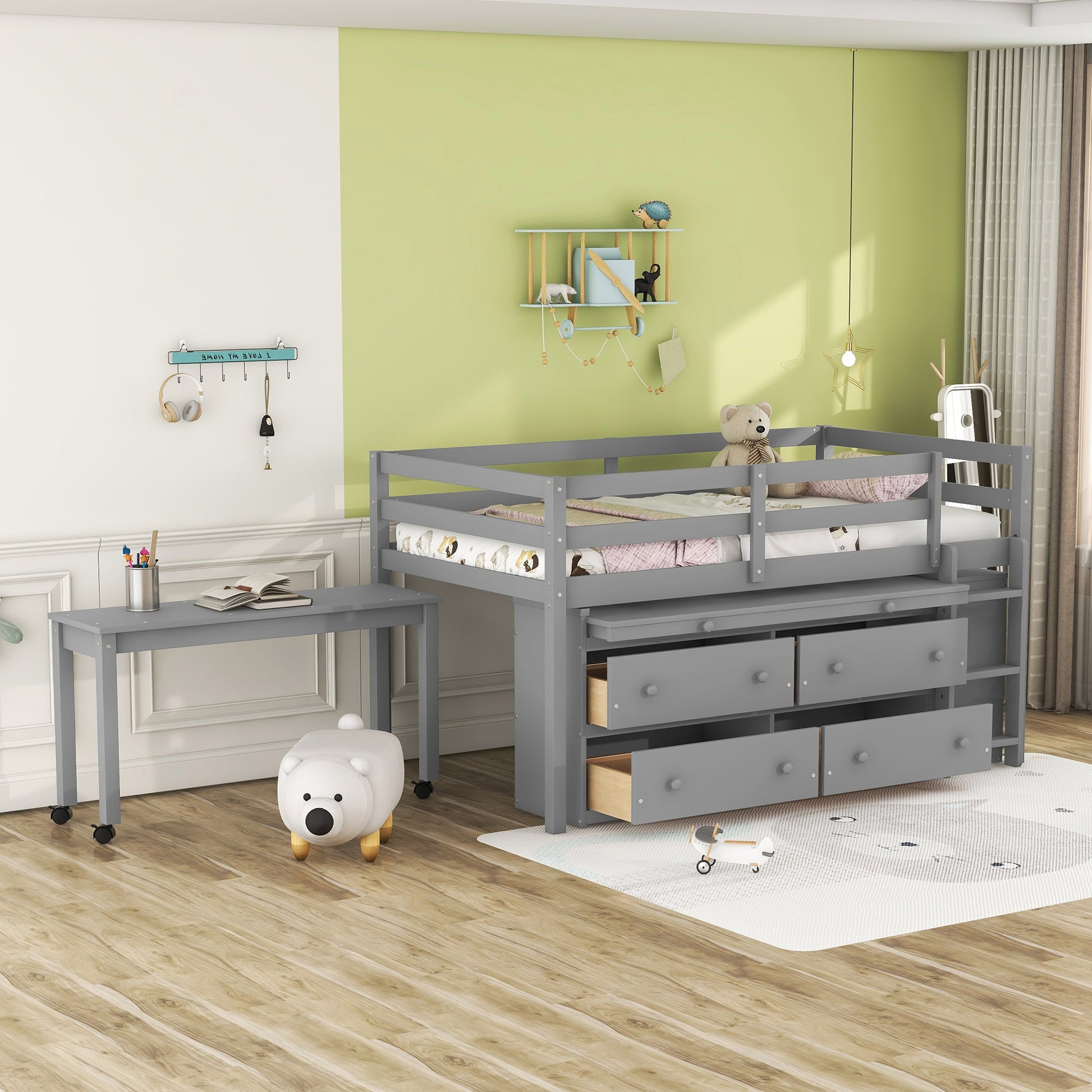 Twin Size Loft Bed with Retractable Writing Desk and 4 Drawers, Wooden Loft Bed with Lateral Portable Desk and Shelves, Gray image 1