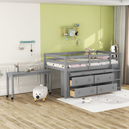 Twin Size Loft Bed with Retractable Writing Desk and 4 Drawers, Wooden Loft Bed with Lateral Portable Desk and Shelves, Gray image 1