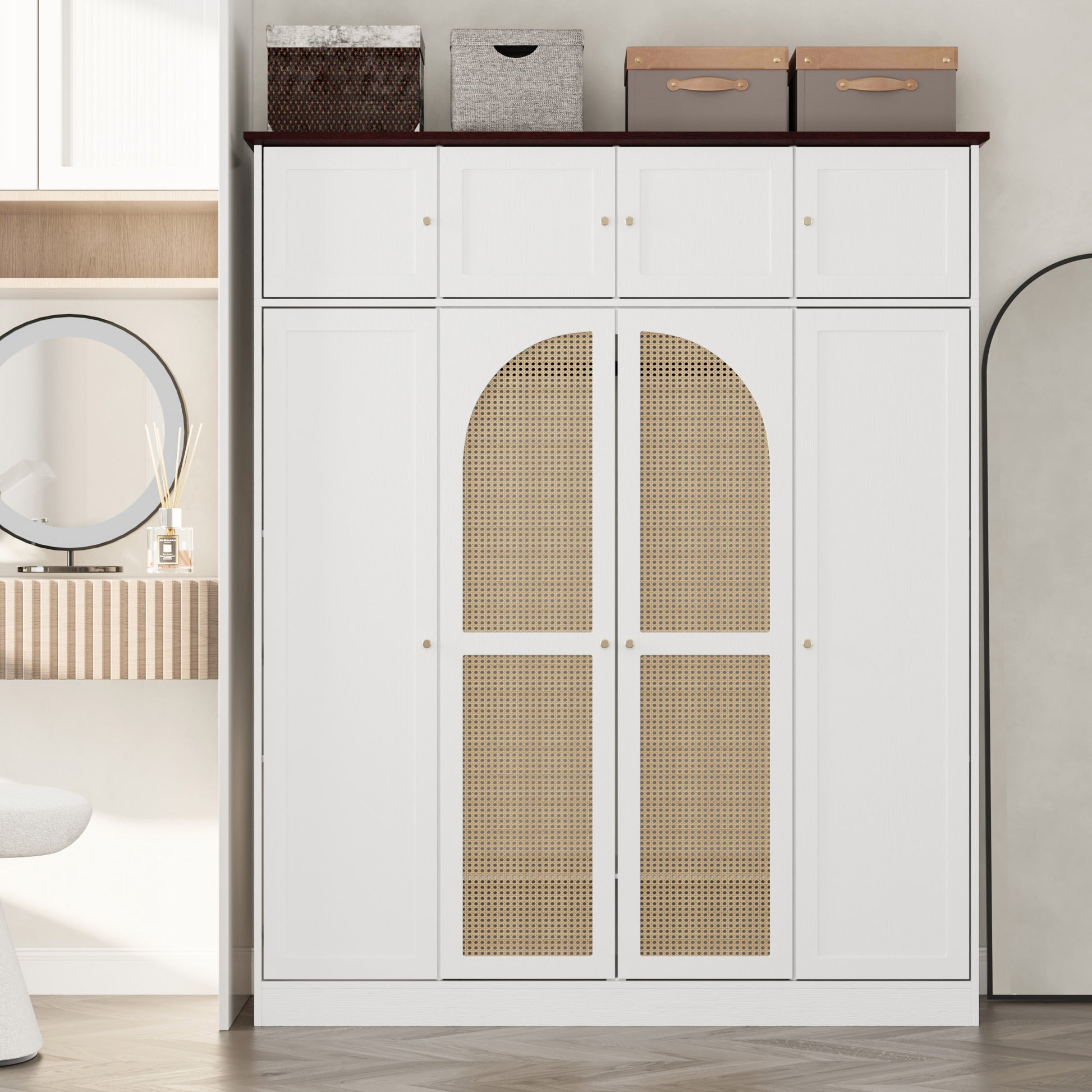 70.87"Tall 8-Door Large Capacity Armoire Wardrobe Closet with Hanging Rod, Adjustable Shelves and Rattan Decorative Doors, Clothing Storage Cabinet for Bedroom, walk-in closet, Living Room, White image 2