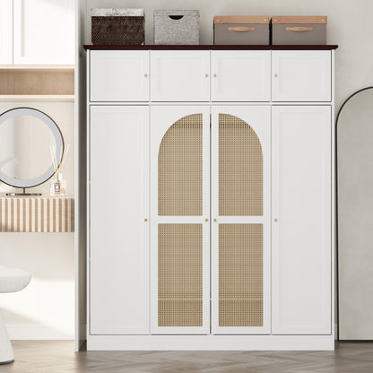 70.87"Tall 8-Door Large Capacity Armoire Wardrobe Closet with Hanging Rod, Adjustable Shelves and Rattan Decorative Doors, Clothing Storage Cabinet for Bedroom, walk-in closet, Living Room, White image 2