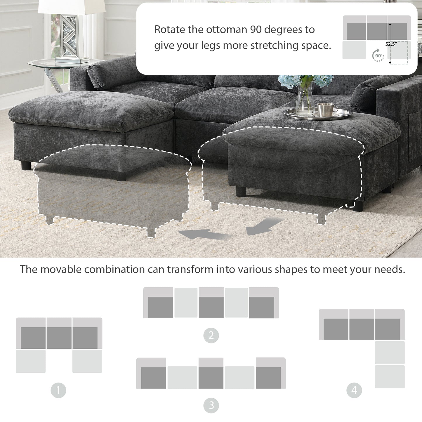 [NEW SKU of N723S7723E]84.5'' Modular Sectional Sofa with Storage Pockets, 5 Seat U Shaped Chenille Couch Set with Pillows, Free Combination Modern Cloud Sofa with Movable Ottoman image 3