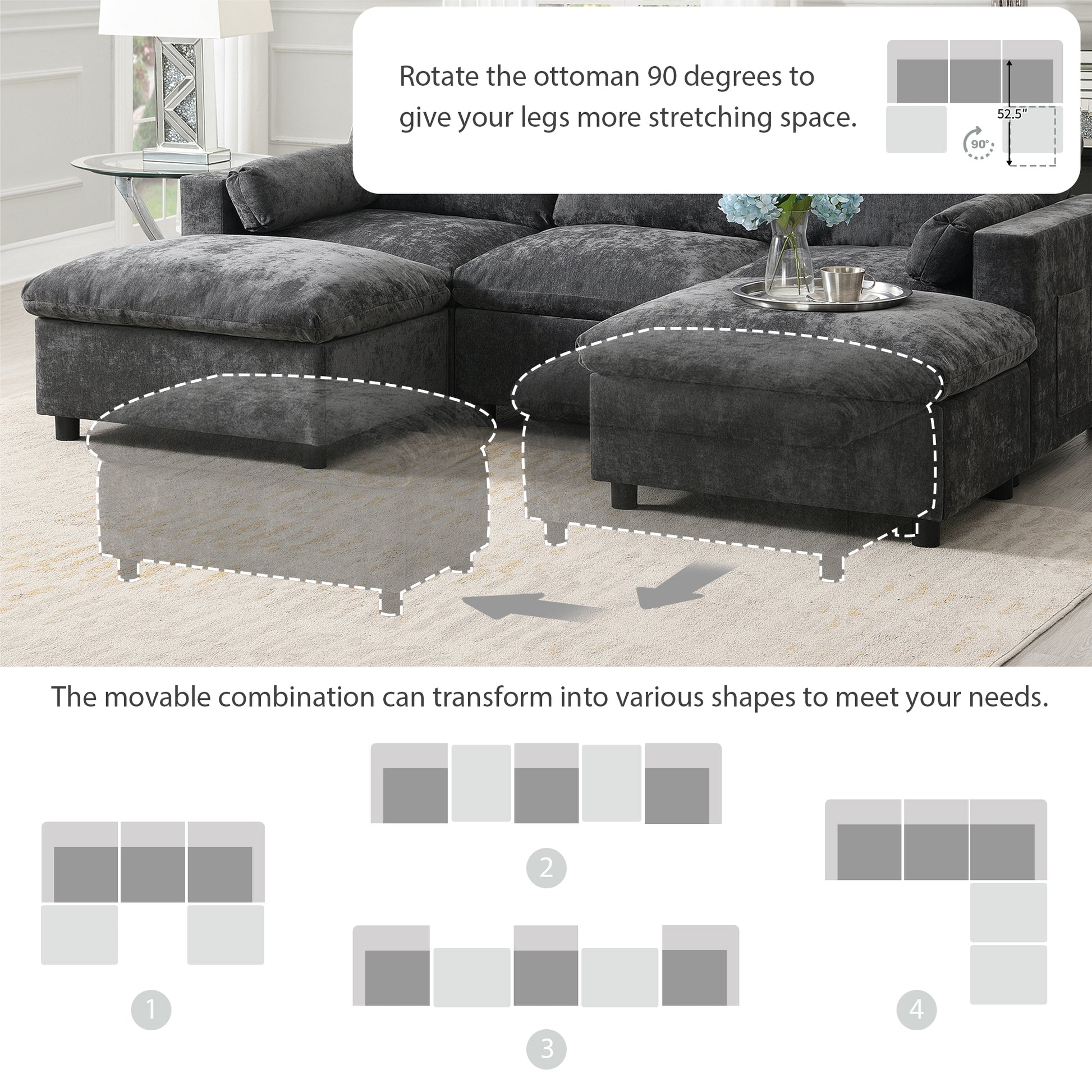 [NEW SKU of N723S7723E]84.5'' Modular Sectional Sofa with Storage Pockets, 5 Seat U Shaped Chenille Couch Set with Pillows, Free Combination Modern Cloud Sofa with Movable Ottoman image 3