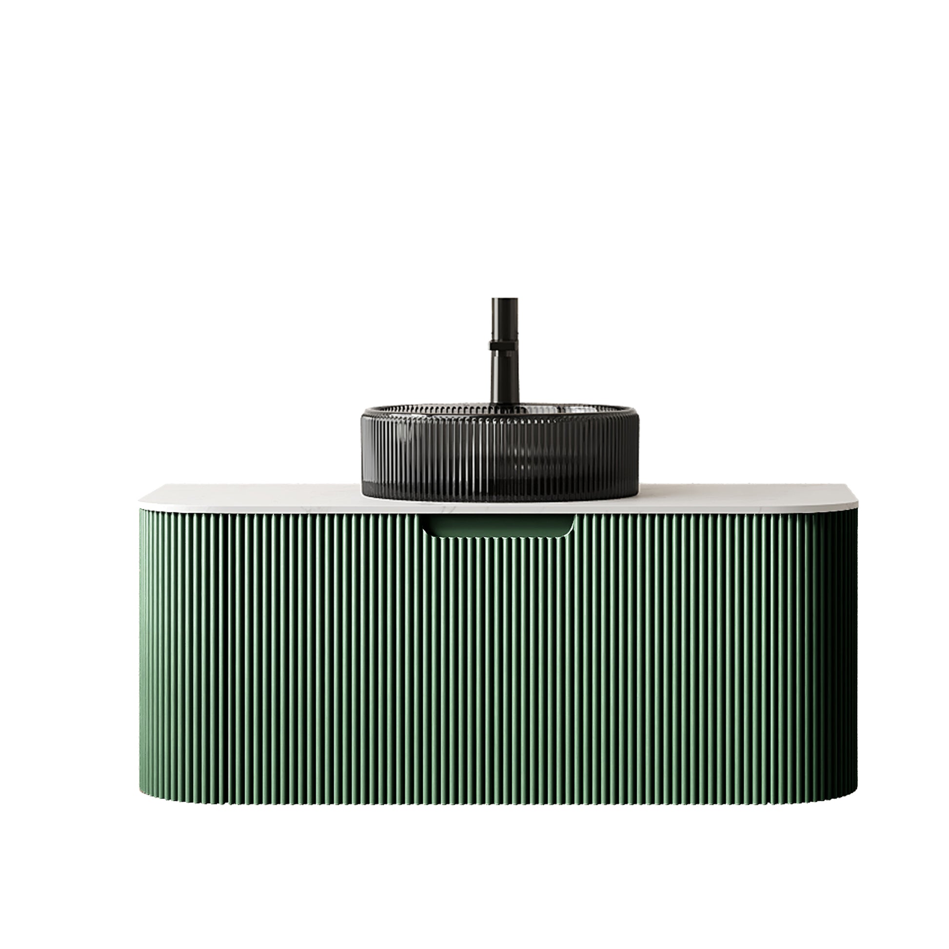DINA 36" Bathroom Vanity&Sink,Floating Curved Edges Striped Storage Plywood Bathroom Cabinet with Drawer,Transparent Black Round Crystal Glass Basin&Sintered Stone Top,Pre-assembled,Dark Green Color image 4
