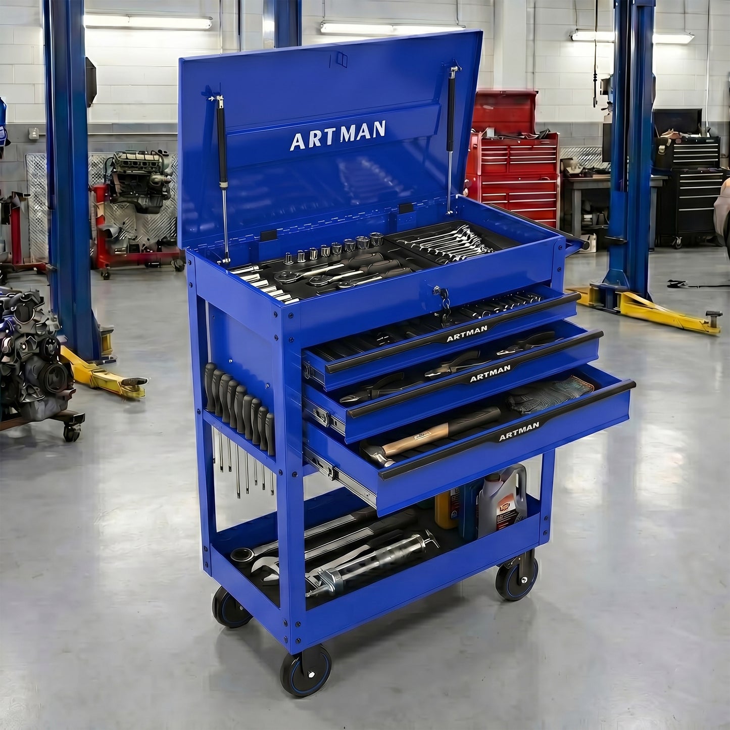 3 DRAWERS MULTIFUNCTIONAL TOOL CART WITH WHEELS AND STEEL TOP-Blue&Black image 3