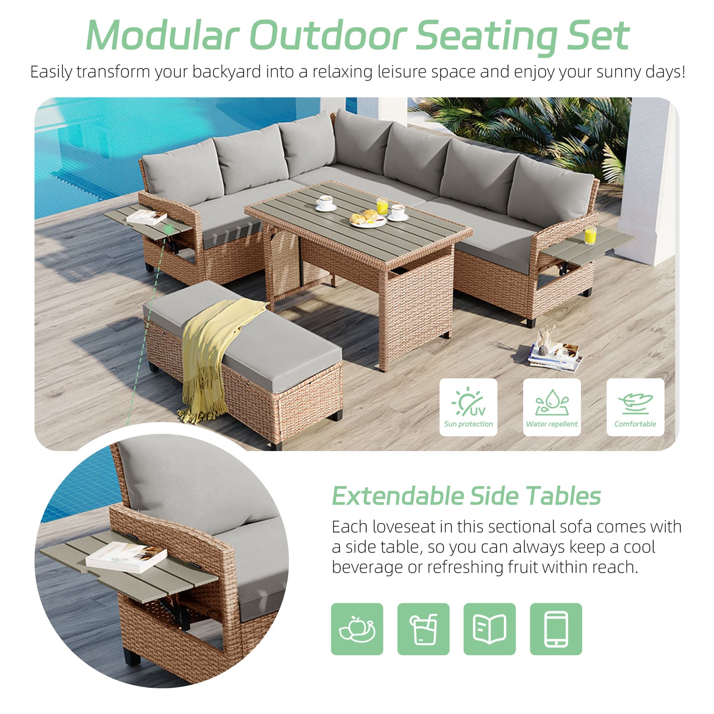 TOMAX 5-Piece Outdoor Patio Rattan Sofa Set, Sectional PE Wicker L-Shaped Garden Furniture Set with 2 Extendable Side Tables, Dining Table and Washable Covers for Backyard, Poolside, Indoor, Brown image 4