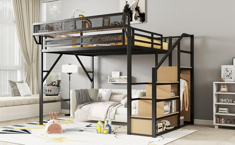 Queen Size Loft Bed with Stairs, Metal Queen Loft Bed with Storage Shelves, High Loft Bed with Wardrobe for Kids Teens Adults, Black(Old SKU W2580S00028) Patent Products image 10
