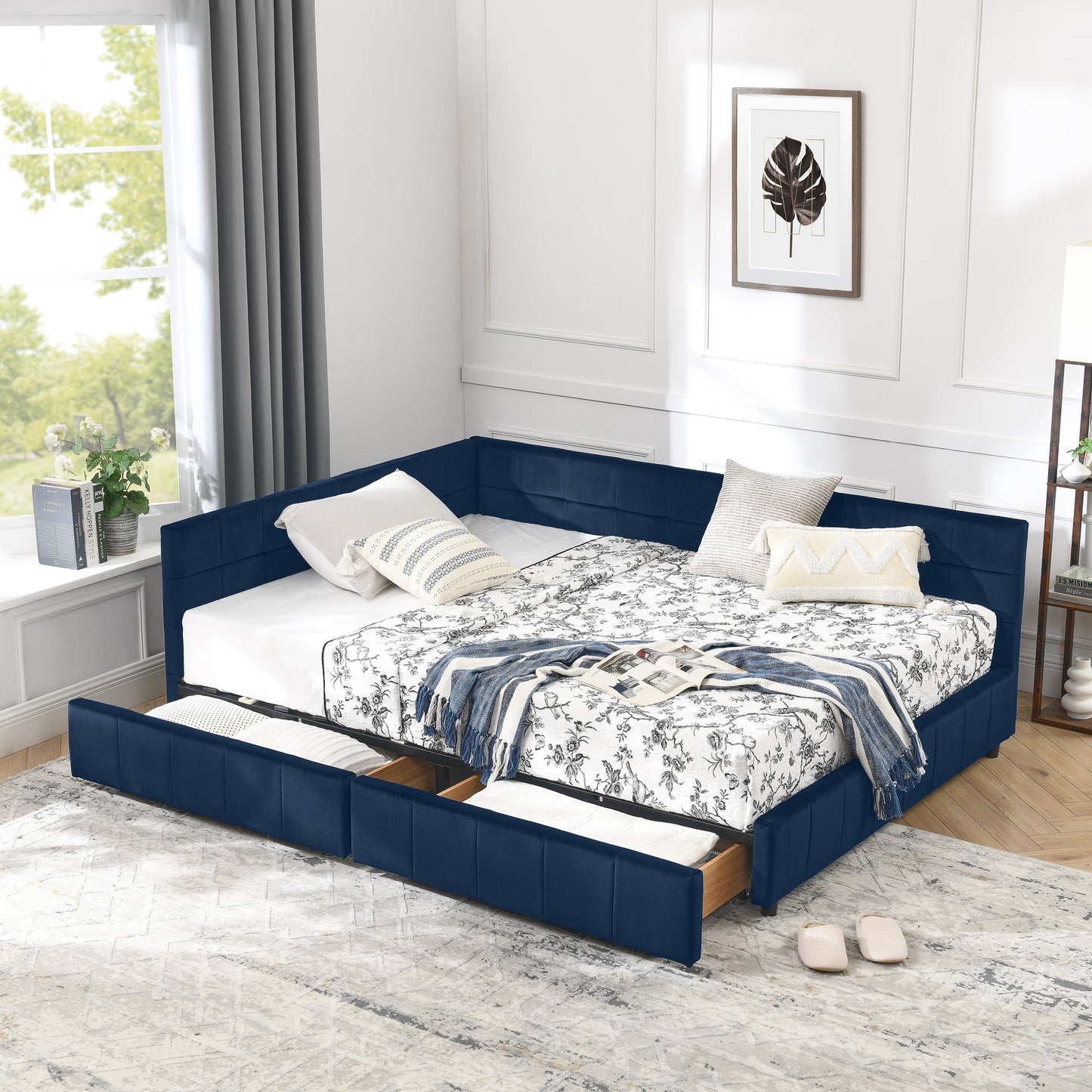 Full Size Storage Upholstered Tufted Bed Frame, Sofa Bed Frame with Comfortable Backrest and Armrests, Full Size Bed for Bedroom, Living Room,Velvet, DARK BLUE(80.5''*59''*29.5'') image 1