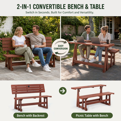 2-in-1 Convertible Bench Picnic Table, Outdoor Folding Dining Set with Backrest & Umbrella Hole, Solid Wood Waterproof & UV Resistant – For Backyard, Patio, Garden, Park Walkway image 3