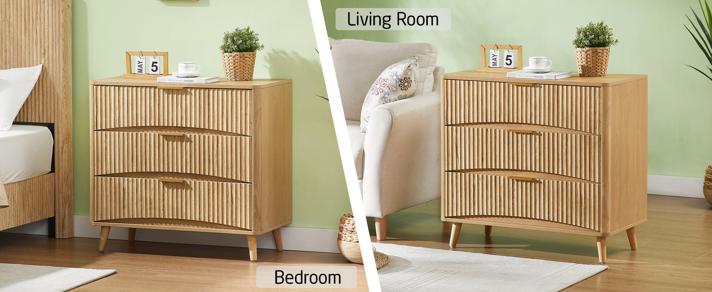 Fluted 3 Drawer Dresser Set of 2, Modern Tall Chest of Drawers with Vertical Grooved Design, Wood Storage Cabinet with Metal Handles for Bedroom Living Room, Oak. (23.6"W x 15"D x 30"H). image 5