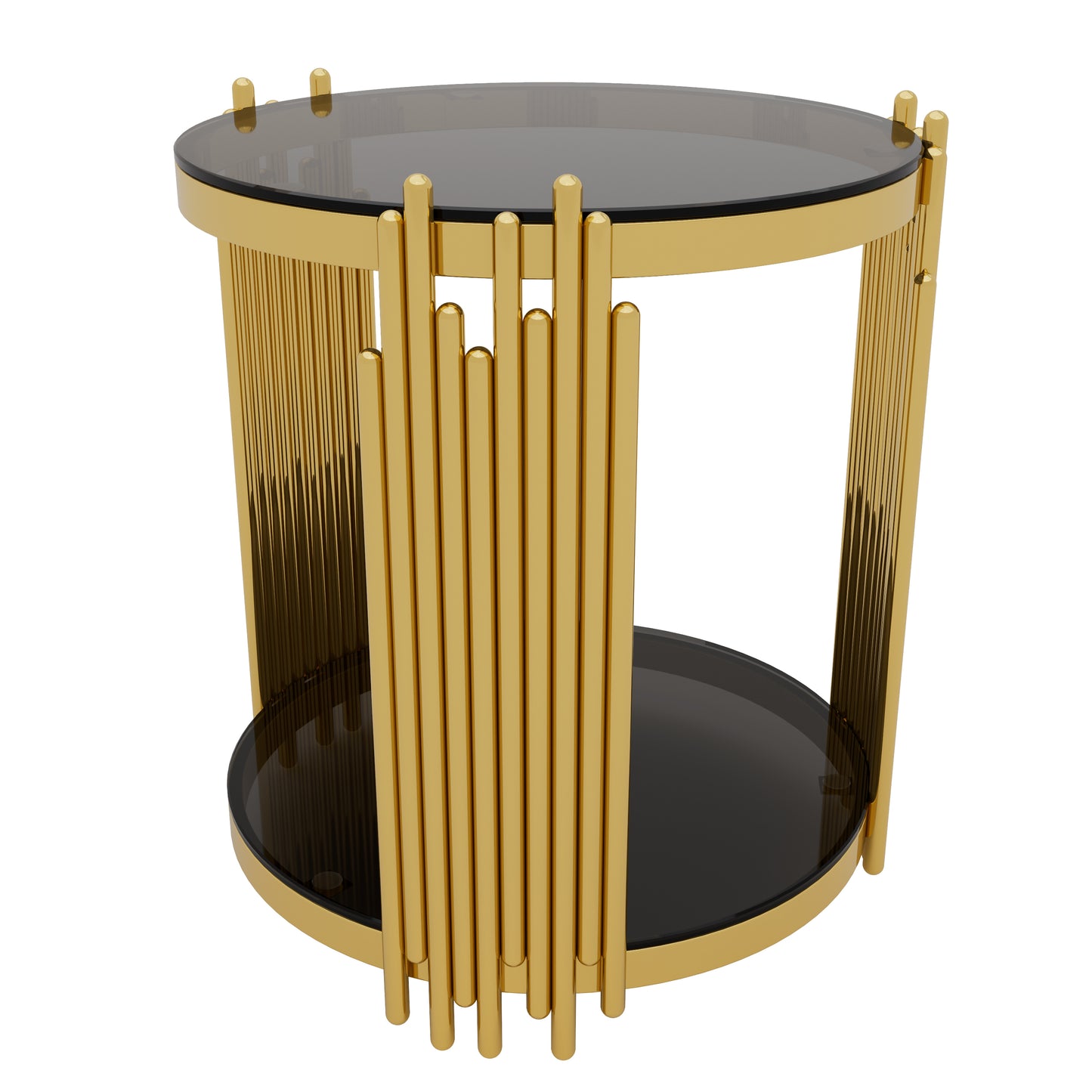 Living Room Table Set of 3 with 1 Coffee Table and 2 End Tables, Round, Tempered Glass, Asymmetrical Metal, Gold Finish & Lower Shelf, 31.5" image 7