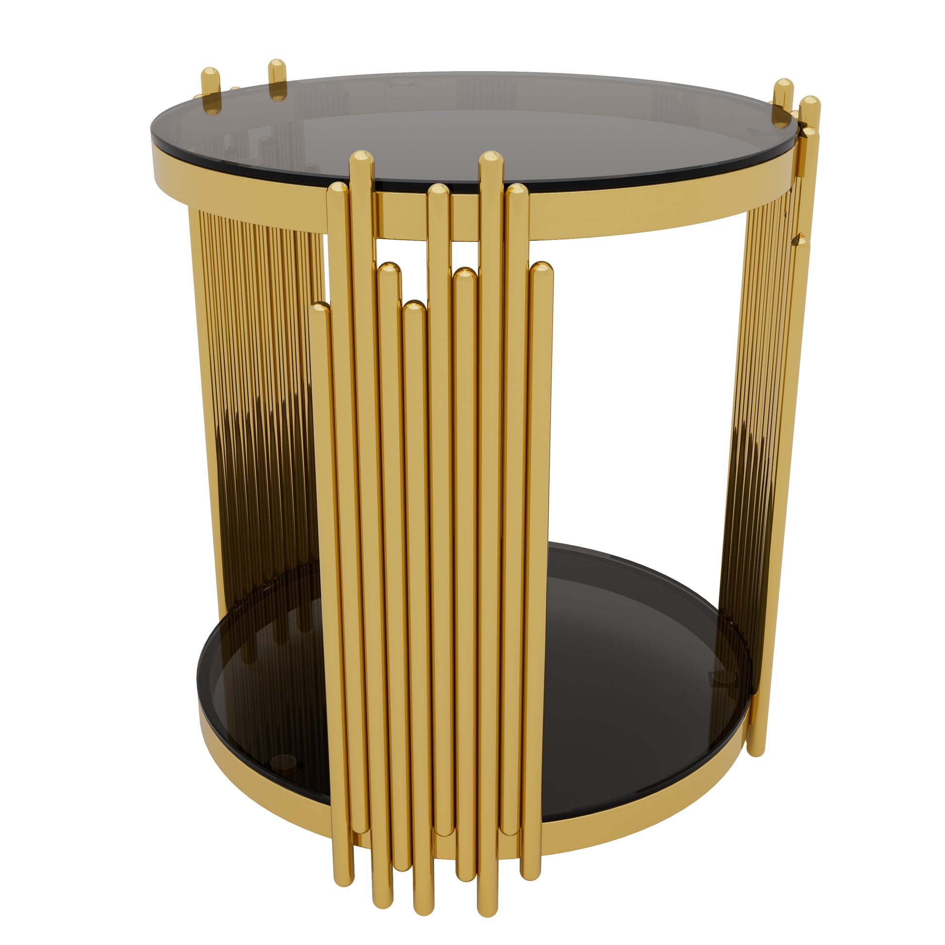 Living Room Table Set of 3 with 1 Coffee Table and 2 End Tables, Round, Tempered Glass, Asymmetrical Metal, Gold Finish & Lower Shelf, 31.5" image 7
