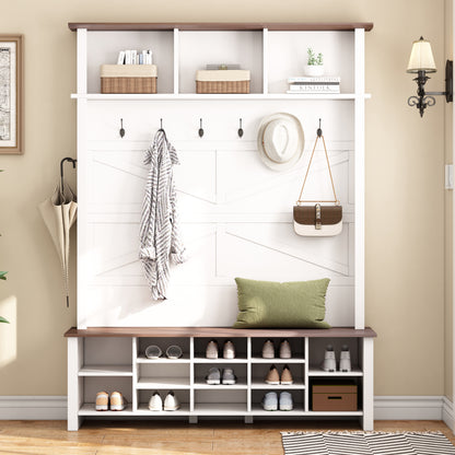 Farmhouse 4-in-1 Hall Tree with 6 Hooks, Walnut Entryway Bench with Shelves, Wooden Style Rustic Shoe Organizer with 16 Open Compartments for Mudroom, Living Room, White (OLD SKU: N721P264915K) image 2