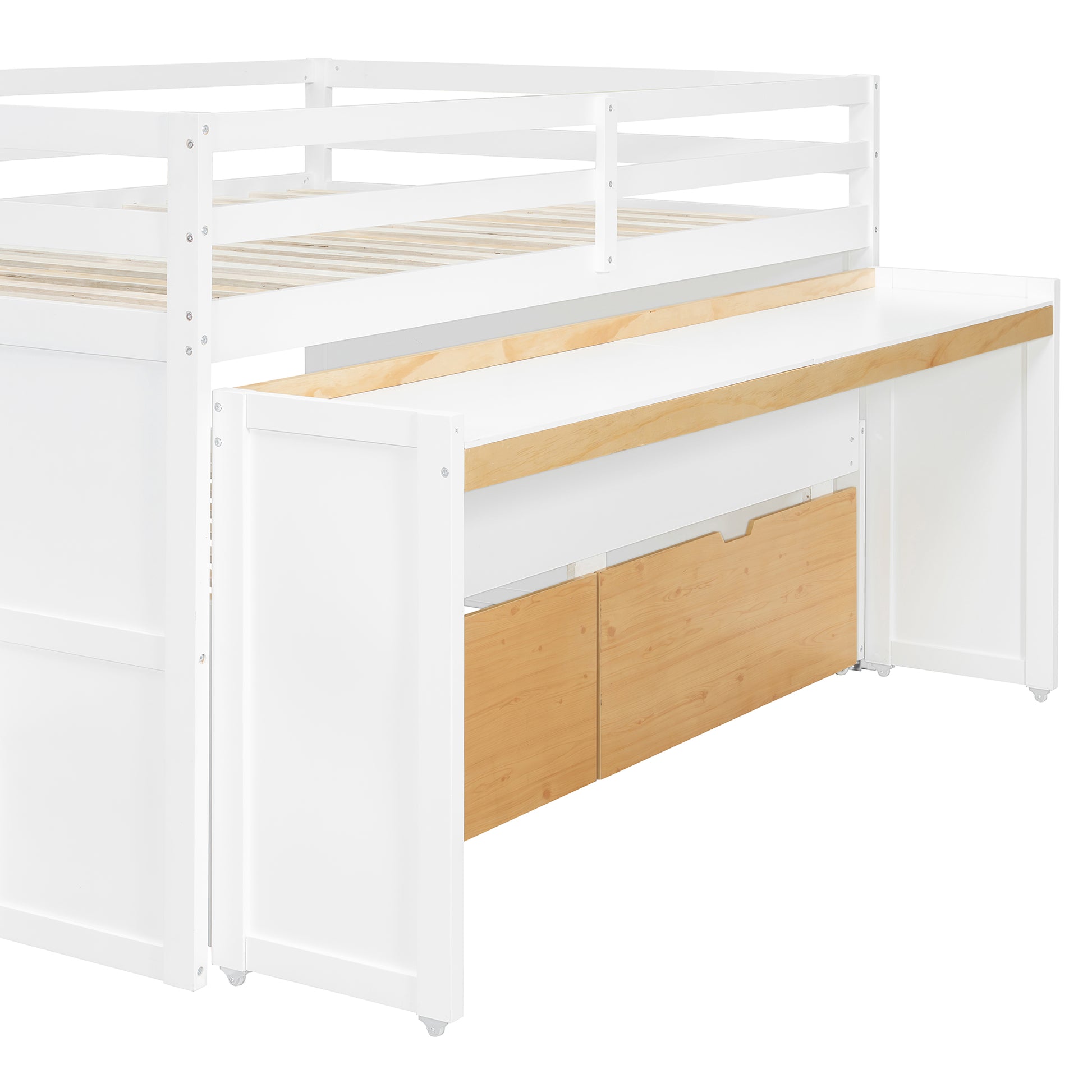 Full XL Loft Bed with Pull-Out Desk and Twin Trundle, Multi-Functional Bunk Bed with 2 Storage Drawers and Storage Steps, Space-Saving Gaming & Workstation Bedframe, White+Wood Color image 9